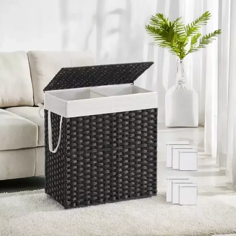 110L Laundry Hamper with Lid Laundry Clothes Hamper with 2 Removable Liner Bags Wicker Double Laundry Basket for Bathroom