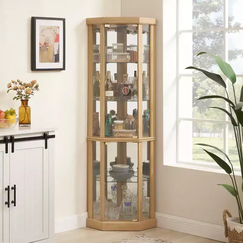 Corner Curio Cabinet with Glass Doors and Shelves, Corner Display Case for Living Room
