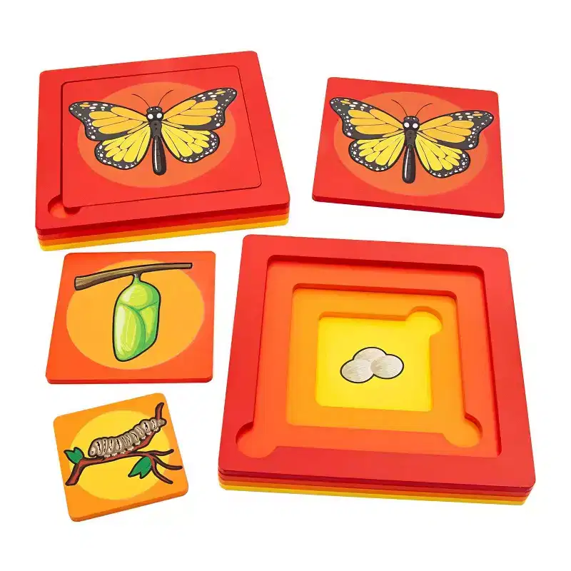 Fun Express 7 1/2 x 7 1/2 Butterfly Life Cycle Educational Wood Stacking Puzzle - 4 Pc.