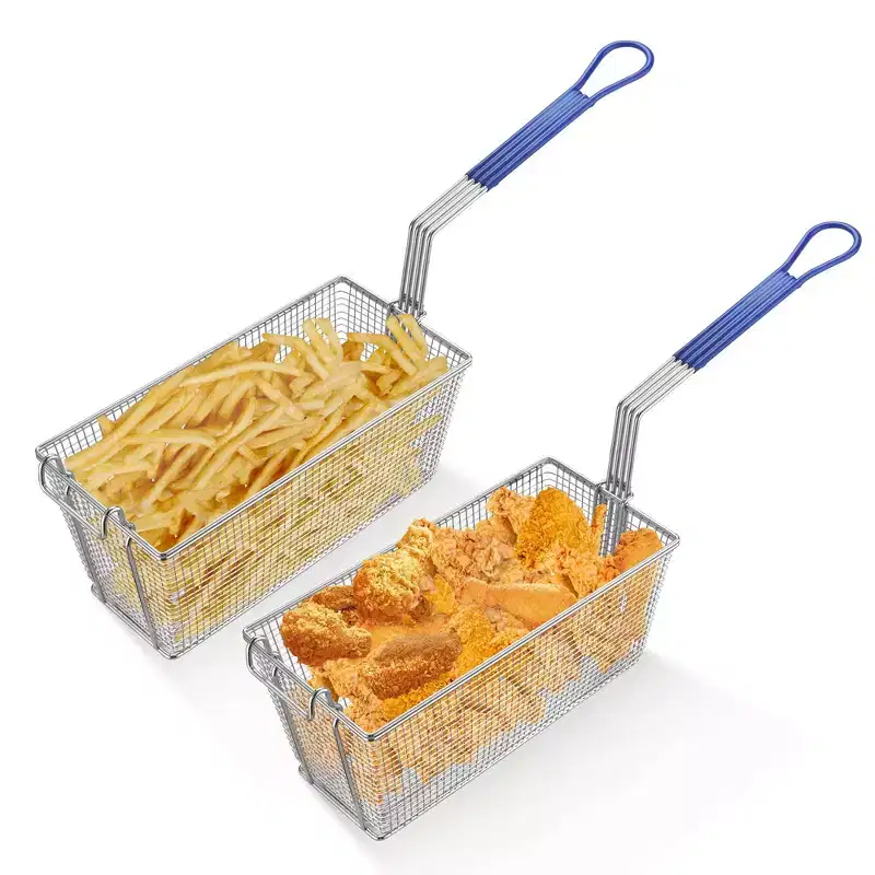 WeChef 2Pcs Deep Fryer Baskets with Non-slip Handle Nickel Plating Heavy Duty Construction Deep Fryer Basket for Commercial Restaurant Kitchen Blue
