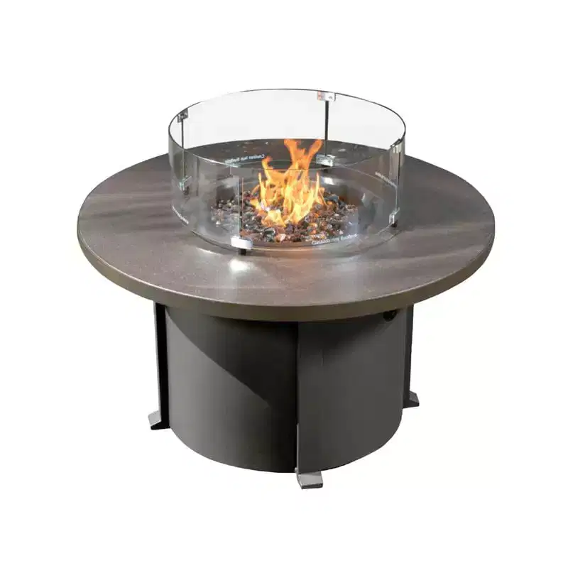 Covers&All 42 in Round Propane Fire Table, CalSil Gunmetal Finish w / Windscreen & Glass