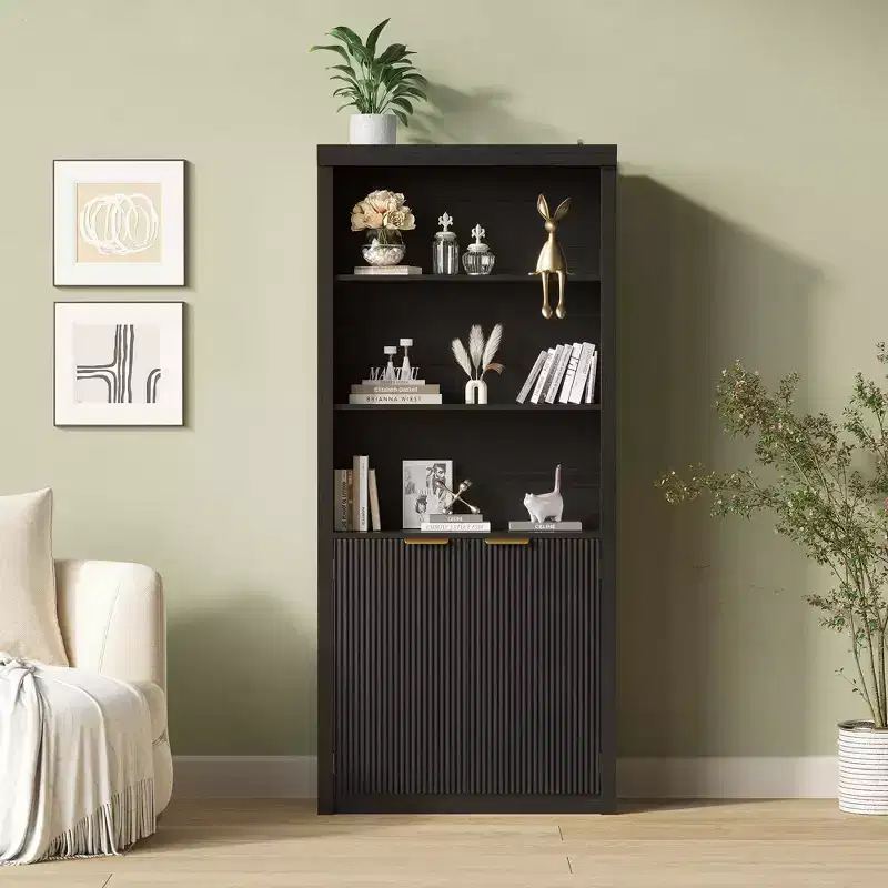 Wooden Bookcase with Doors, with Large Storage Cabinet, 5-Shelf Bookcases with Adjustable top Shelve for Home Office, Living Room