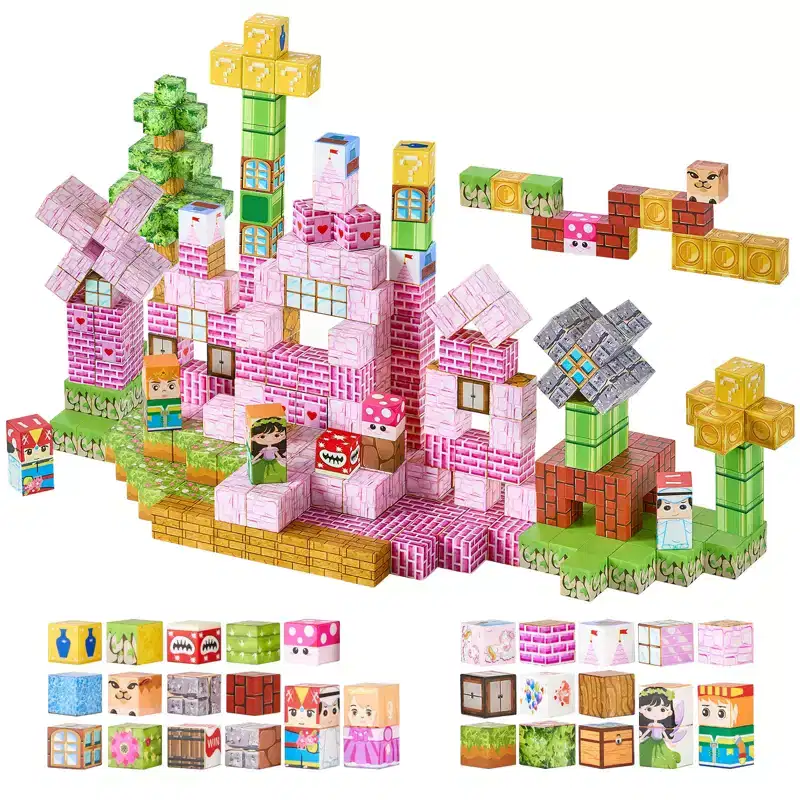 VEVOR Magnetic Blocks, 100 PCS Princess Castle Set, Magnetic Building Cubes for Kids, STEM Montessori Sensory Toys for Christmas Birthday Gift, Pink