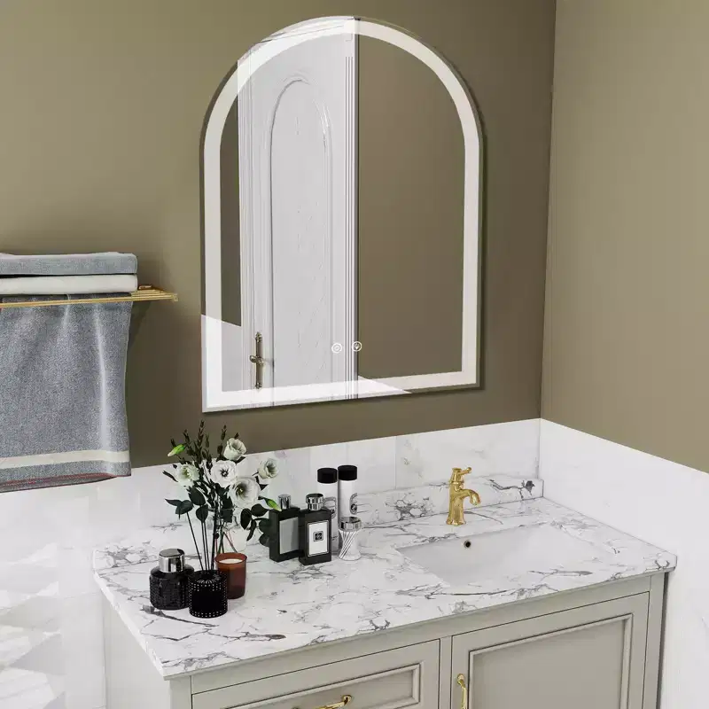 Arched Frameless Wall Mirror with LED Lighting and Dimmable Modes