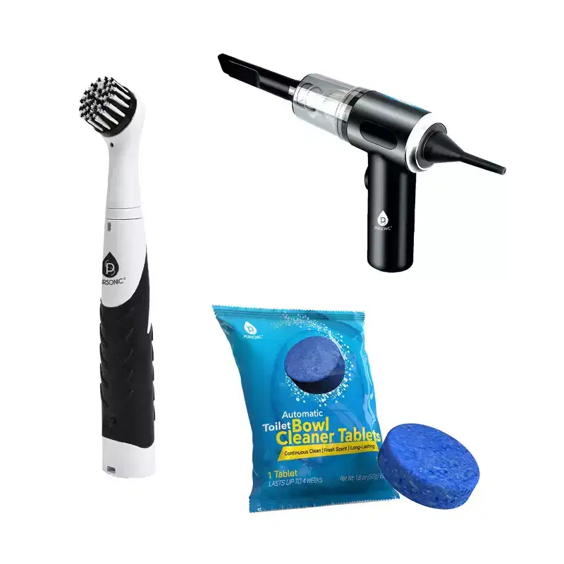 Pursonic Complete Cleaning Bundle  2-in-1 Mini Wireless Vacuum & Air Duster + Cordless Power Scrubber Brush + Automatic Toilet Bowl Cleaner Tablets