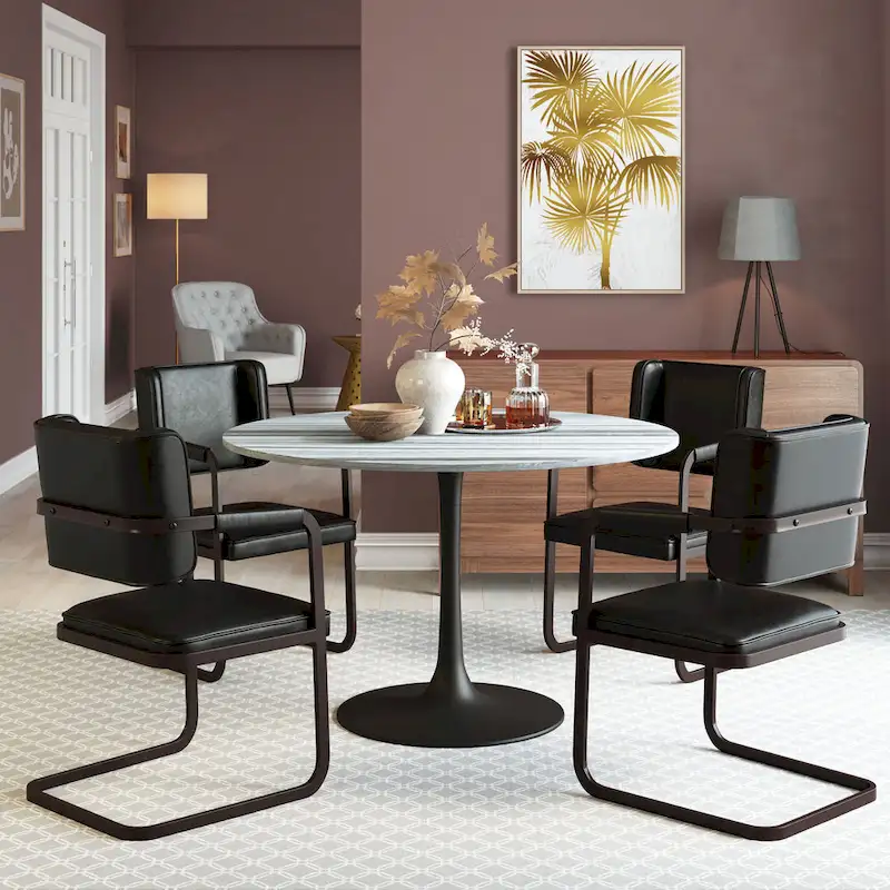 Gray/Black Marble Top Dining Table with Steel Base