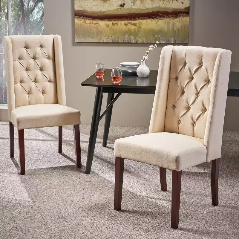 Set of 2 Upholstered Dining Chairs with High Wingback & Button-Tufted Diamond Stitching &mdash; Multiple Colors