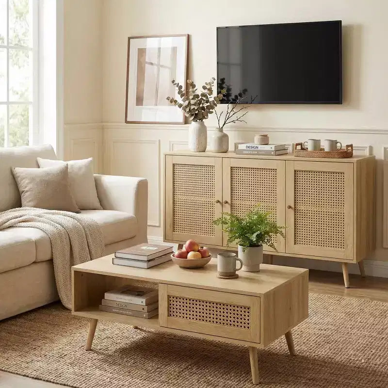Brown Rattan-Style 2-Piece Living Room Set (TV Stand + Coffee Table), Seats 1