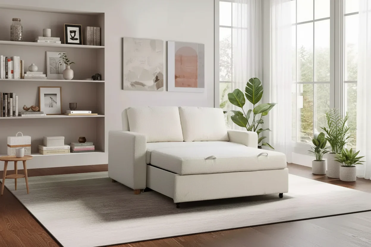 Convertible Sofa &ndash; Ivory Boucle, Lounger & Full Bed, Pocket Coils