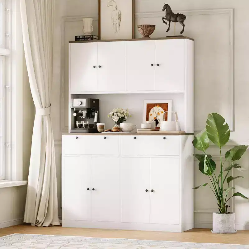71 Tall Kitchen Pantry Storage Cabinet, Kitchen Hutch with Microwave Stand & Countertop, Large Food Pantry Cabinet with 2 Drawers and 8 Doors