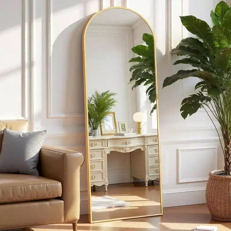 59x16 Gold Arched Mirror - Includes Stand & Thin Aluminum Frame. For Hanging, Leaning, or Standing Use