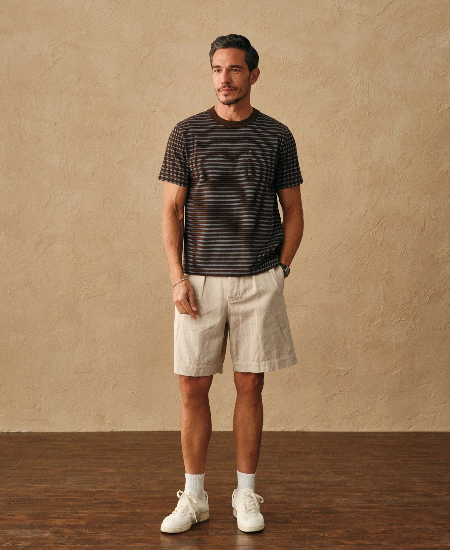 Heavyweight Cotton Striped Pocket T-Shirt - Coffee