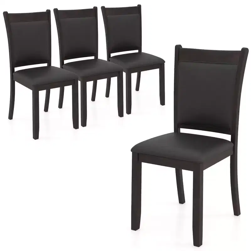 Costway Faux Leather Upholstered Dining Chairs Set of 4 w/ Padded Seat Rubber Wood Legs