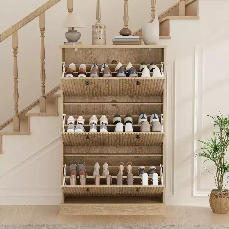 Shoe Cabinet with 3 Flip Drawers, Modern Fluted Cabinet with Adjustable Shelves, Freestanding Wooden Shoe Organizer
