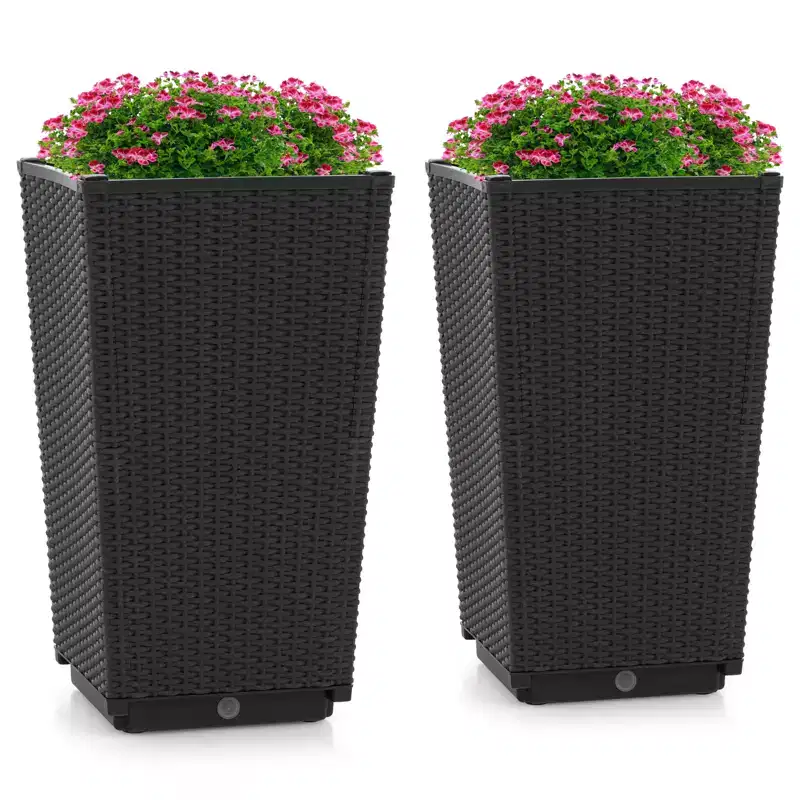 Costway 2PCS Outdoor Wicker Flower Pot 22.5''Tall Planters with Drainage Hole Black/Coffee