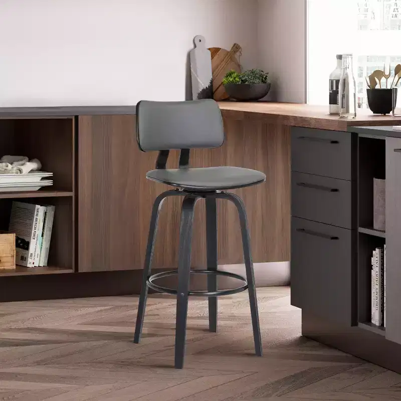 Modern Faux Leather Swivel Bar Stool with Wood Frame and Footrest &ndash; Seat 17.75" W x 15.75" D, Fixed Height 30"