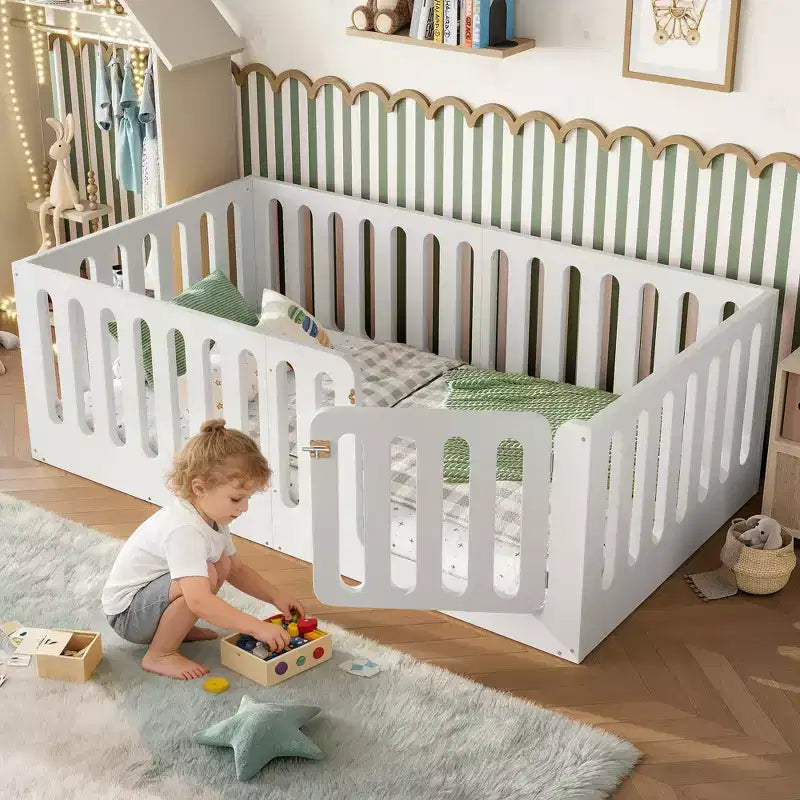 White Twin Montessori Floor Bed with Fence Rails & Door 鈥?Solid Wood, 1 Child