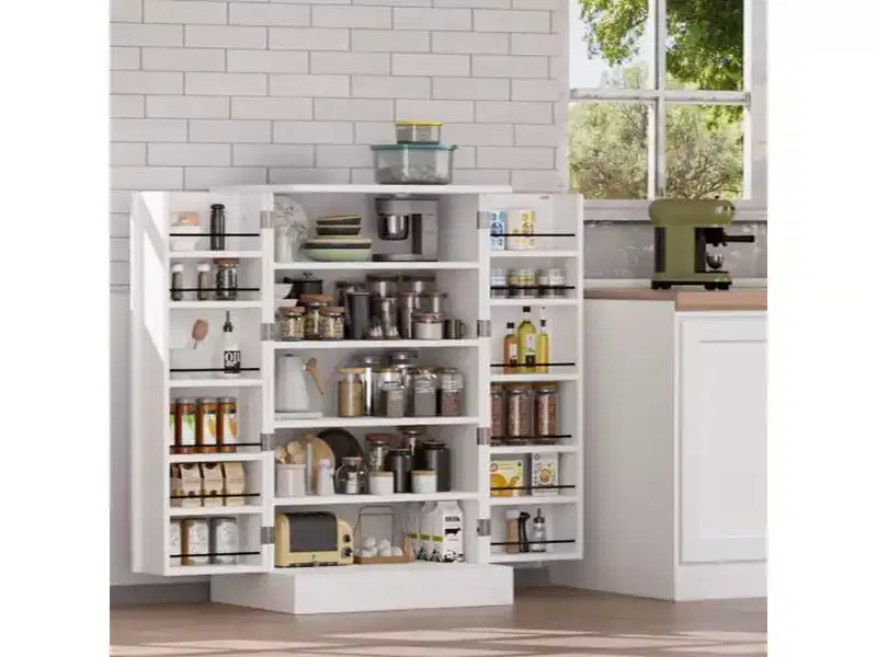 VINGLI Pantry Cabinet ,White Kitchen Storage Cabinet with 2 Doors and Adjustable Shelves, 40.5 H Food Storage Freestanding Cupboard
