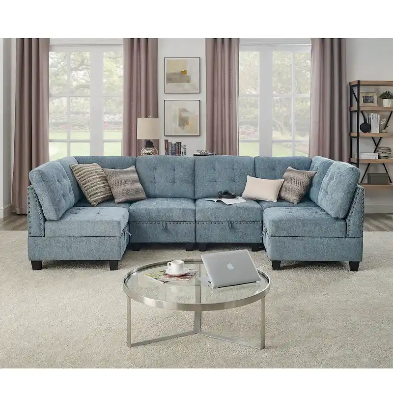 Velvet / Chenille Modular Sectional Sofa with Storage, 6-Seat L-Shaped