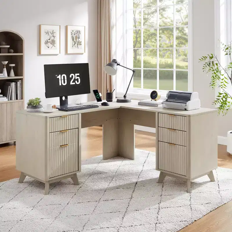 60 Executive L Shaped Desk, Modern Home Office Desk with Drawers and Storage Cabinet & Charging Station, Corner Computer Desk
