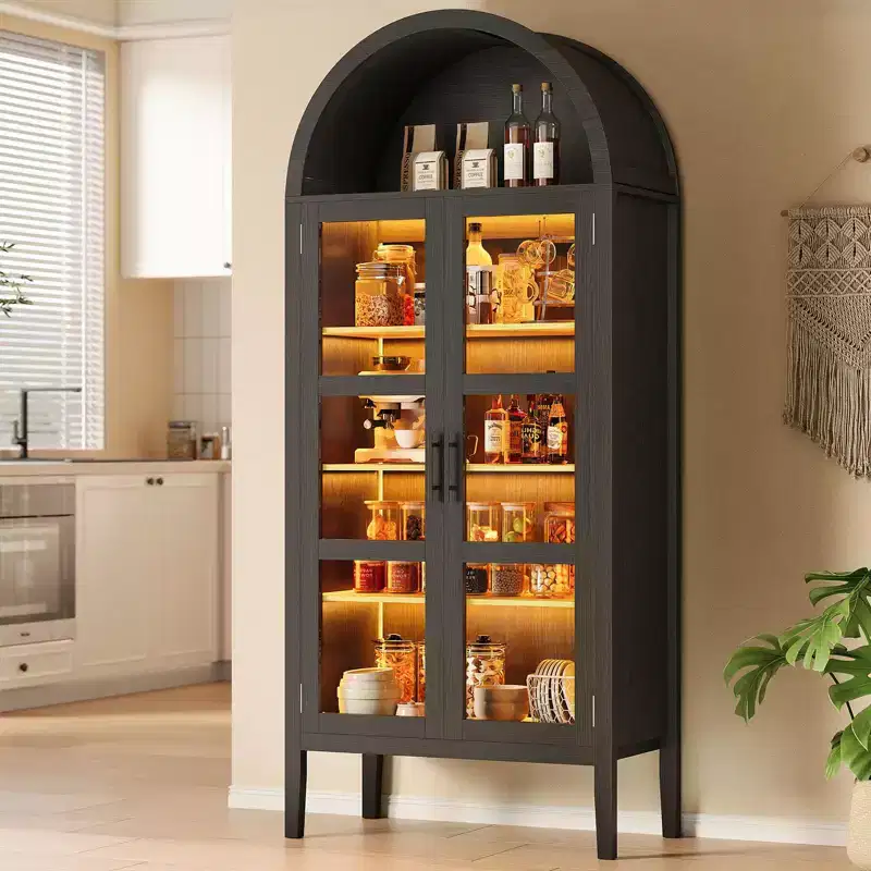 Storage Cabinet, Black/White, Arched Style, Single, 71 Tall with LED Lights & Glass Doors