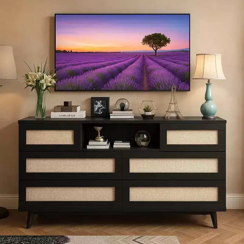 Modern Rattan Dresser with LED Lighting and Charging Station, 6-Drawer Chest