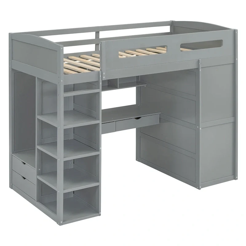 Gray Twin Size Solid Wood Loft Bed with Desk, Wardrobes and Drawers
