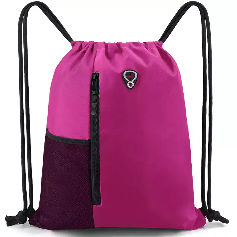 Narwey Pink Cinch Sack Drawstring Backpack With Water Bottle Pocket &Two Zippered Pocket Large Sports Gym Sackpack