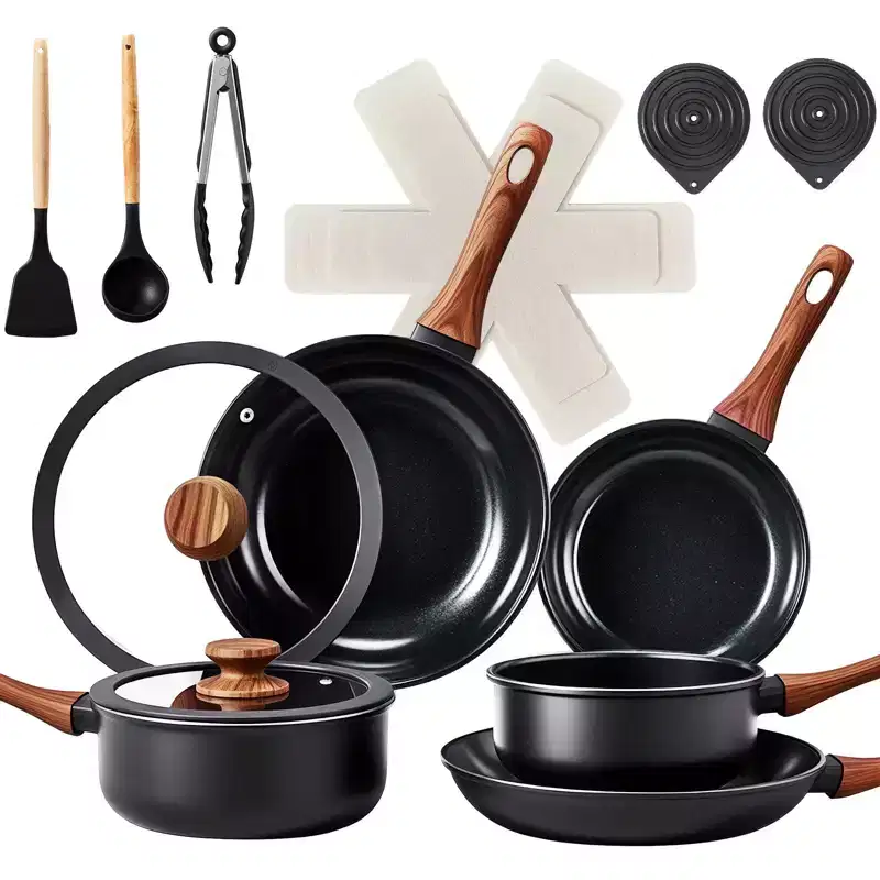 ROVSUN 17 Pcs Nonstick Pots and Pans Set, Cast Aluminum Kitchen Cookware Set, RV Kitchen Cooking Set, Dishwasher Safe, PFAS PFOA & PFOS Free, Black