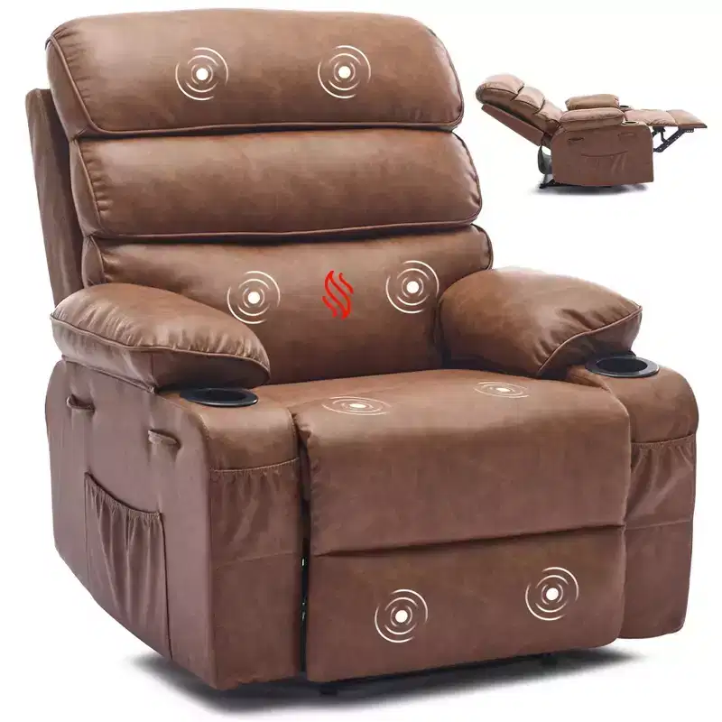 Widened Manual Recliner, Large Beanbag Chair, PU Leather, with Massage and Heating Functions, Suitable for Living Rooms and Offices, Brown