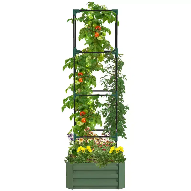 Outsunny 24 x 24 x 11.75 Green Galvanized Metal Raised Garden Bed with Trellis Open Bottom Planter for Vegetables, Flowers & Climbing Vines