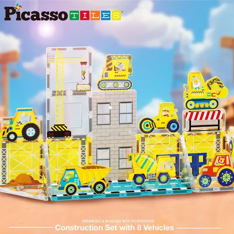 PICASSO-TILES Magnetic Tiles for Kids  Construction Theme 26PCS STEM Magnet Building Blocks Educational Toy