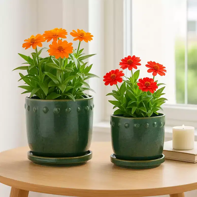 Decorative Flower Planter with Bubble Trim and Saucer Plate - Stylish Home Decor Plant Pots for Indoor and Outdoor Styling - Set of 2, 7, 6, Green