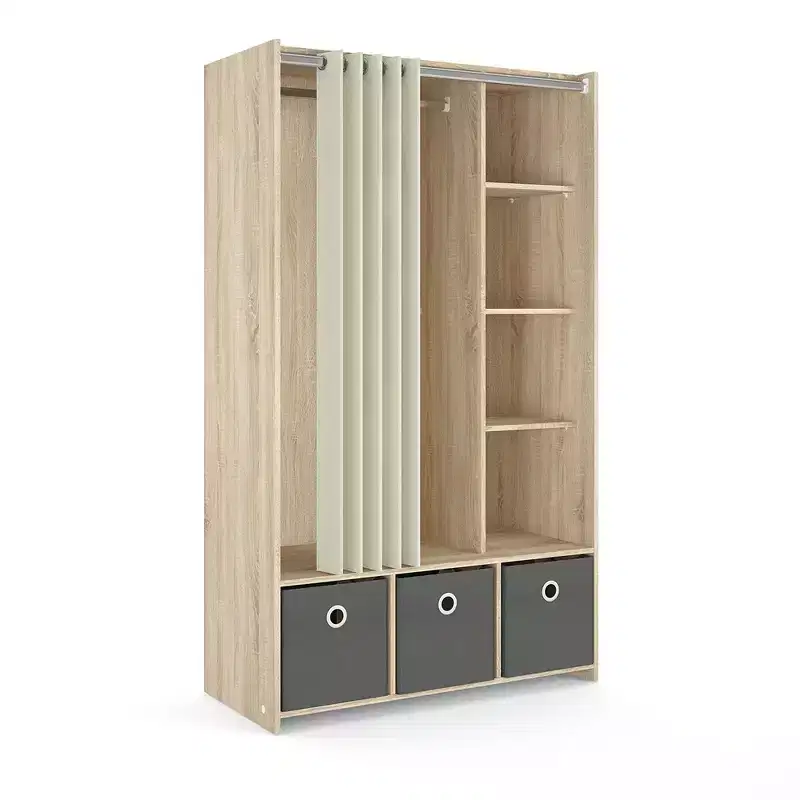 3 Bin Wardrobe with Curtain &ndash; Oak Structure / Natural Fabric / Grey Textile