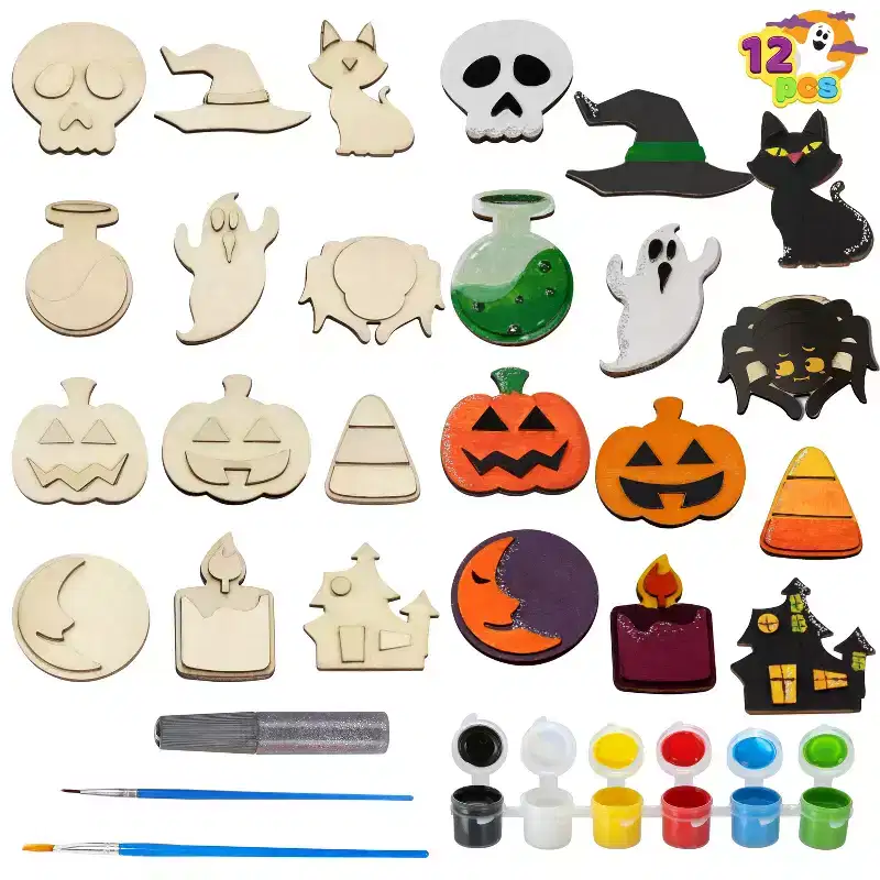 Joyfy 12 Pcs Halloween DIY Wood Painting Craft Kit for Kids Party Favors, Wooden Magnet Creativity Arts Painting Kit Party Supplies