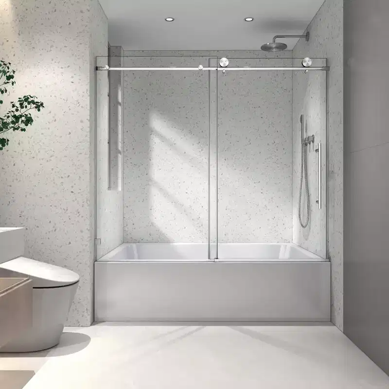 PexFix 63 in.x 60 in. Frameless Single Sliding Shower Door 8mm Tempered Glass With Adjustable Soft Closing Design for Spa Bathroom Brushed Nickel