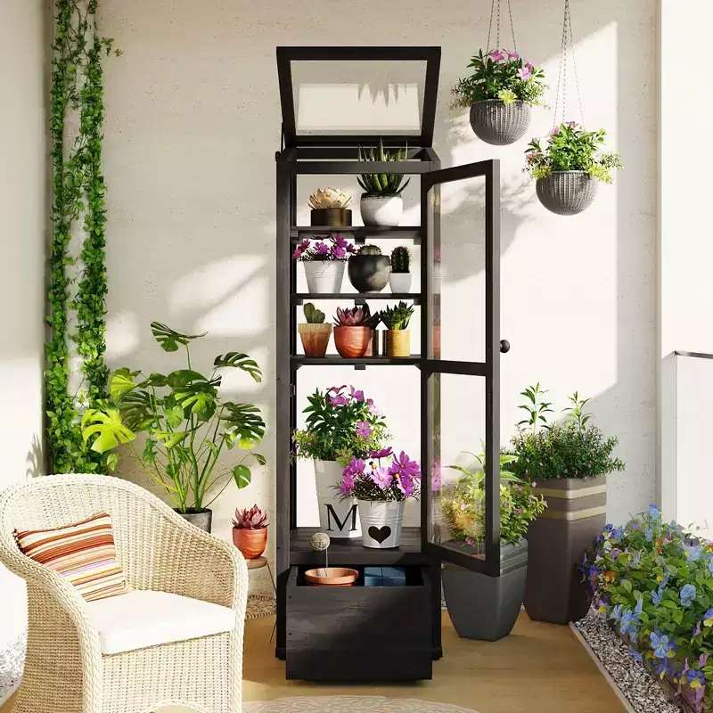 Wood Garden Greenhouse with Portable Cold Frame, Movable Storage & Adjustable Shelves, Indoor/Outdoor Use