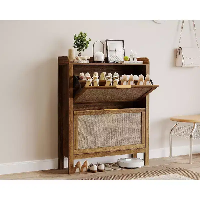 Farmhouse Rattan Shoe Cabinet, 32 Inch Narrow Shoe Storage with 2 Flip-Down Drawers, Freestanding Entryway Organizer with Adjustable Shelves, Brown