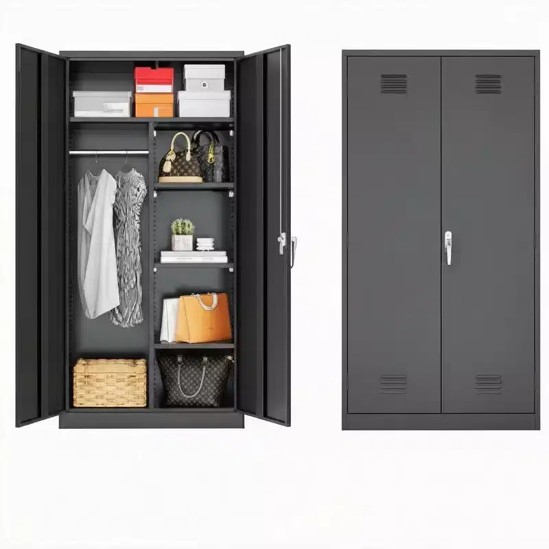 Black Adjustable Metal Storage Cabinet  Multipurpose Organizer with Hanging Rod for Home, Office & Kids Room