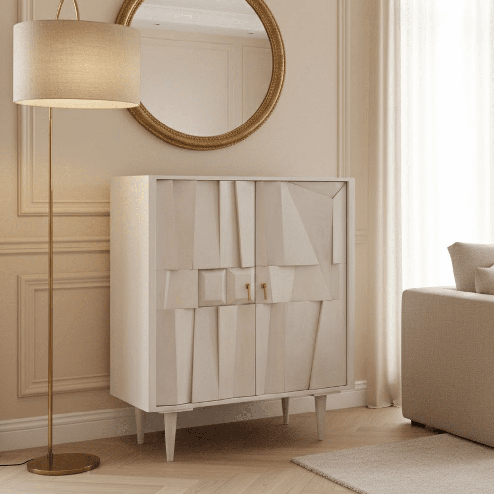 2 Door Geometric Whitewash Wood Sideboard