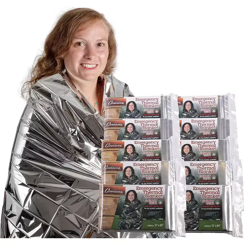 Grizzly Gear Emergency Thermal Blanket 10 Pack Set- 7 x 4 1/3 Ft- Thermal Mylar, Insulated, Heat Resistant, Weatherproof and Tearproof Survival