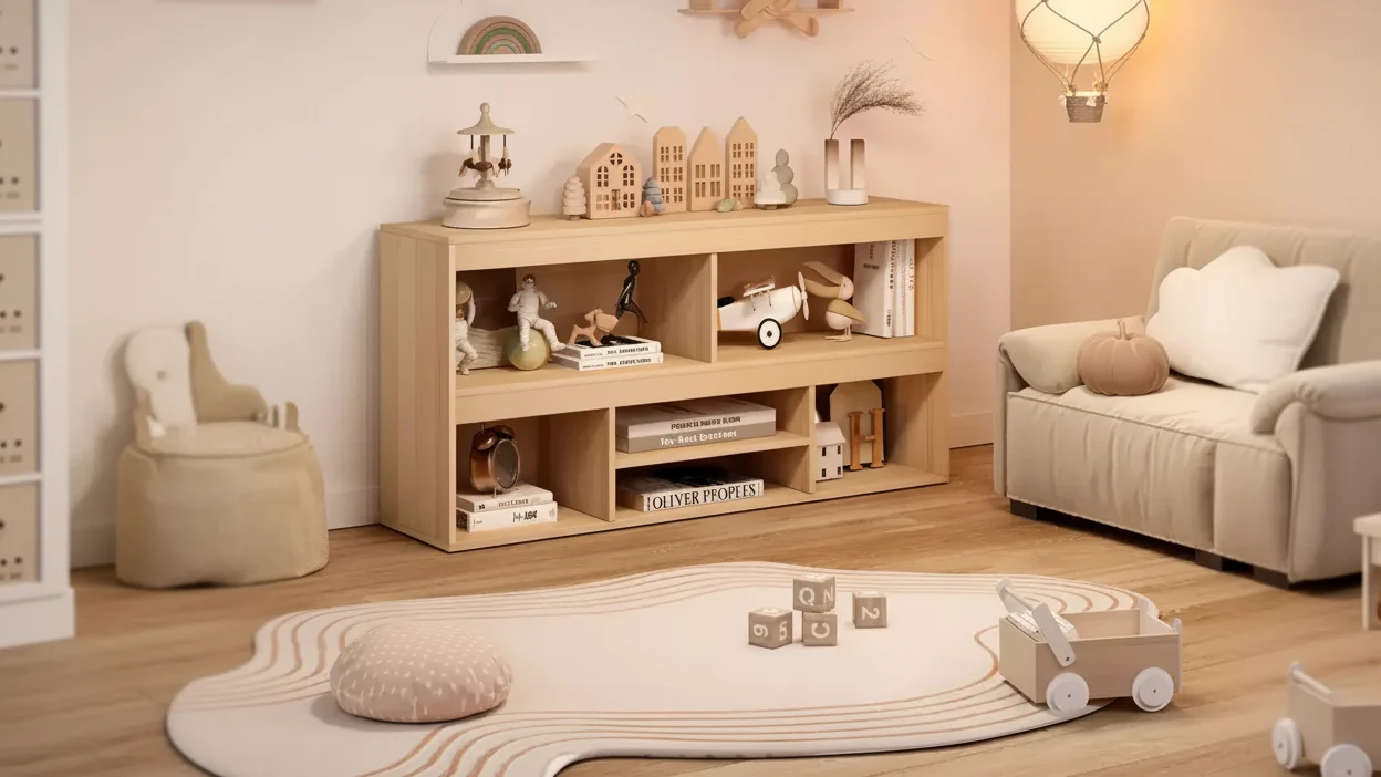 6-Cube Wooden Kids Bookshelf with Metal Accents for Playroom Nursery Classroom