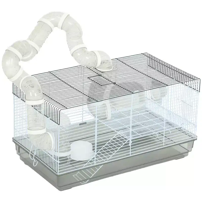 PawHut 2 Levels Hamster Cage for Gerbil or Dwarf Hamster with Tube Tunnels, Exercise Wheel, Food Dish, Water Bottle, Ramp, 23 x 13 x 12, Gray