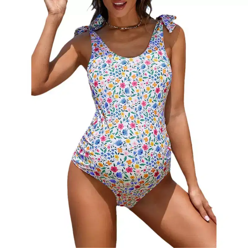 BLUEMING Maternity Summer Round Neck Shoulder Strap Swimsuit Boho Backless Bathing Suits Tied Swimwear
