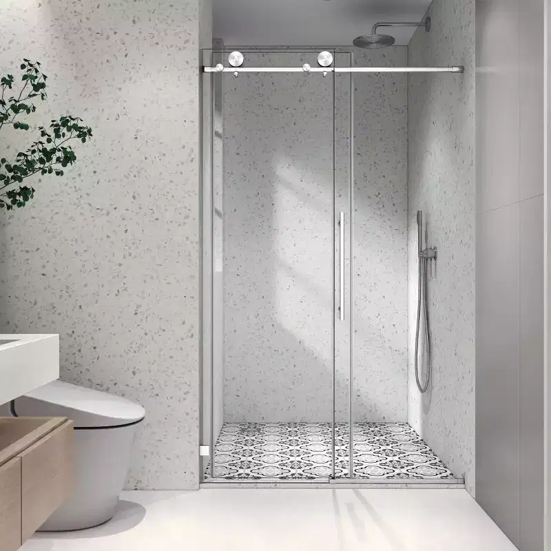 PexFix 76 in.x 48 in. Frameless Single Sliding Shower Door 8mm Tempered Glass With Adjustable Soft Closing Design for Spa Bathroom Brushed Nickel