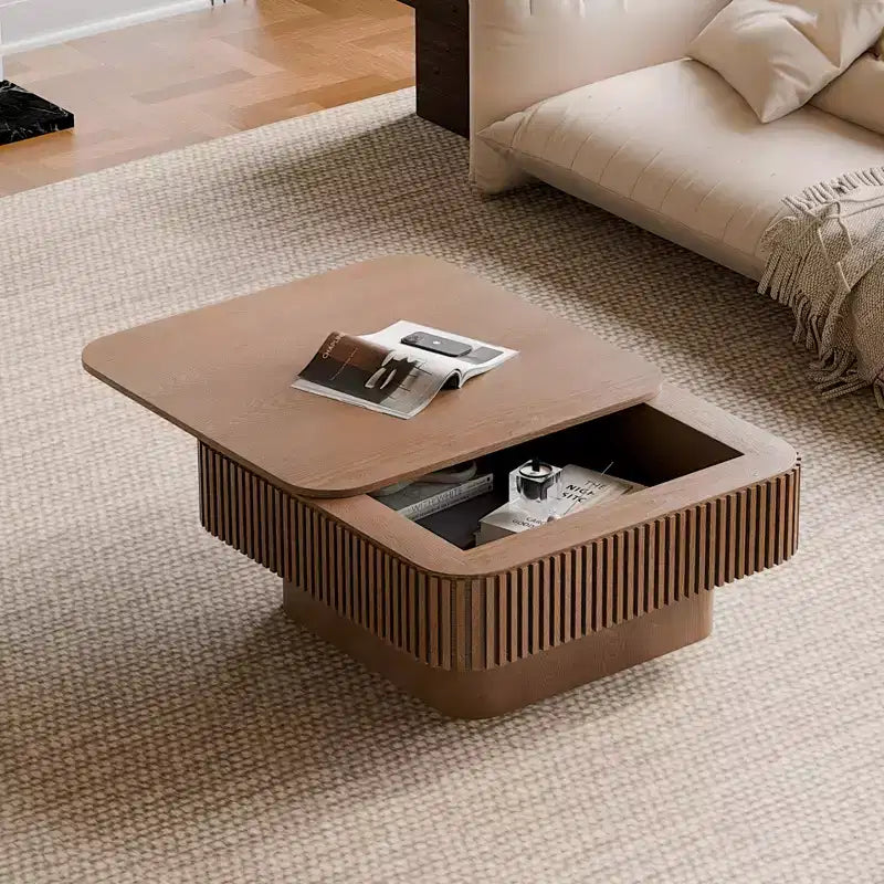Square Coffee Table with Storage, Modern Wood Center Table for Living Room