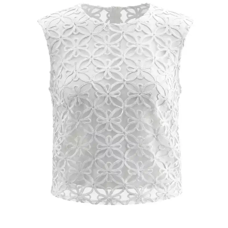 INSPIRE CHIC Women's Floral 3D Sleeveless Round Neck Mesh Dressy Crop Tank Tops Blouse