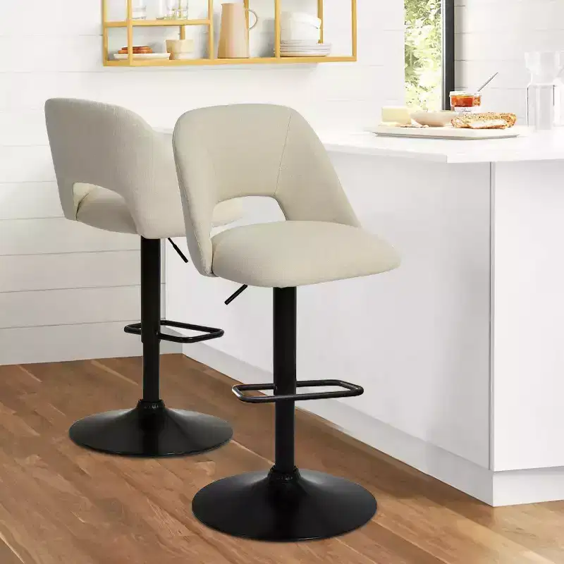 Set of 2 Adjustable Swivel Bar Stools, 24&ndash;32 Inch Height, Upholstered Counter Stools with Back and Black Base