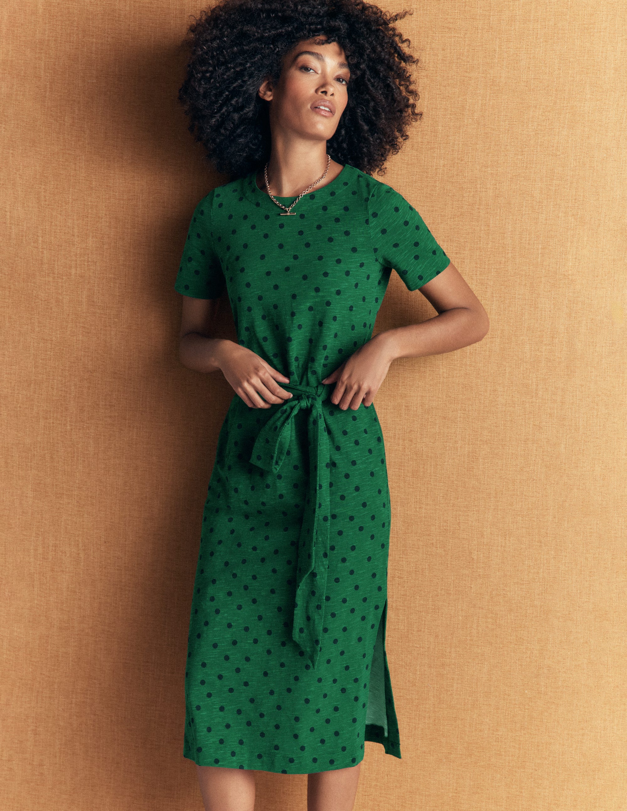 T-Shirt Jersey Midi Dress-Hunter Green, Spot Print