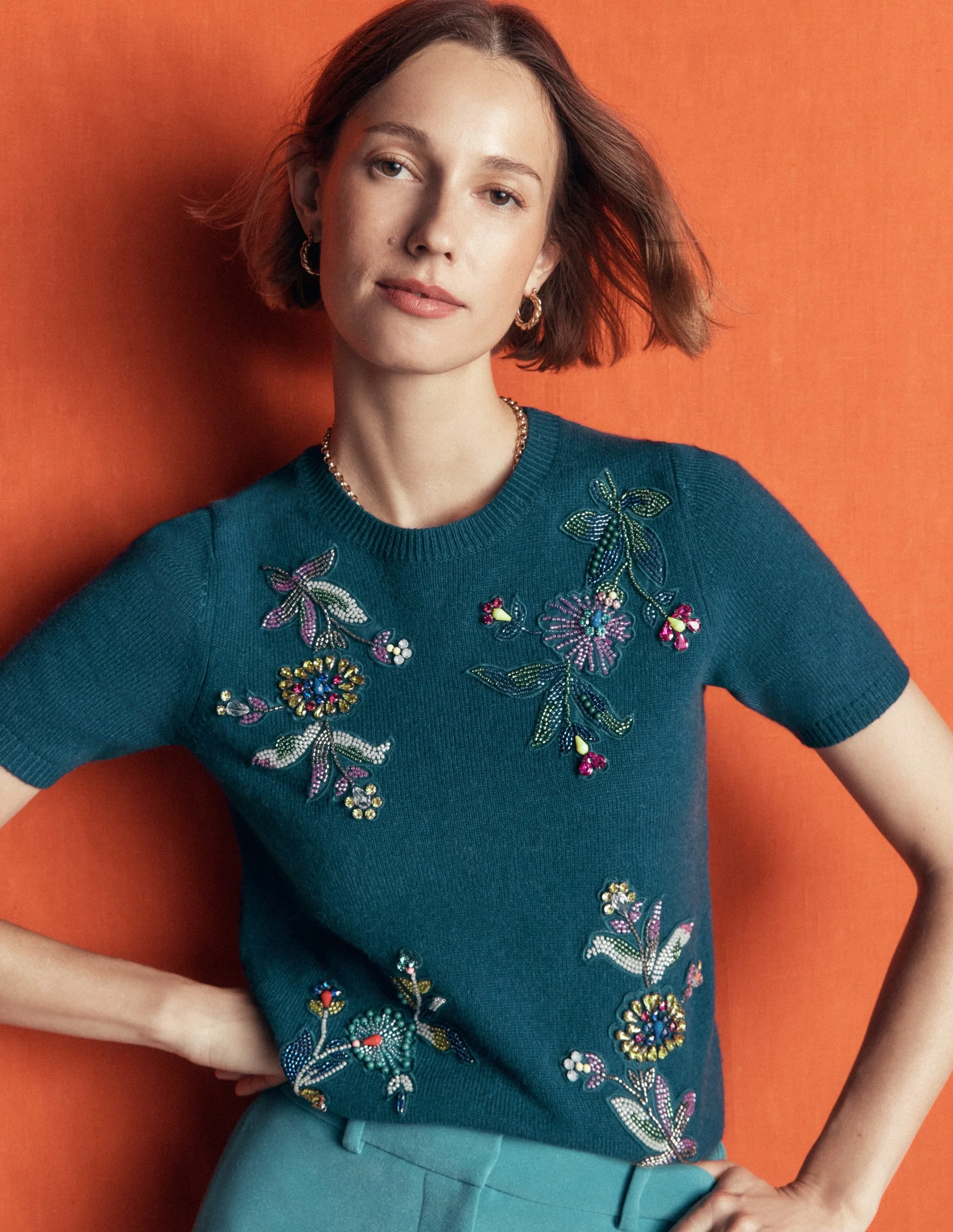 Embellished Knit T-Shirt-Deep Aurora Blue